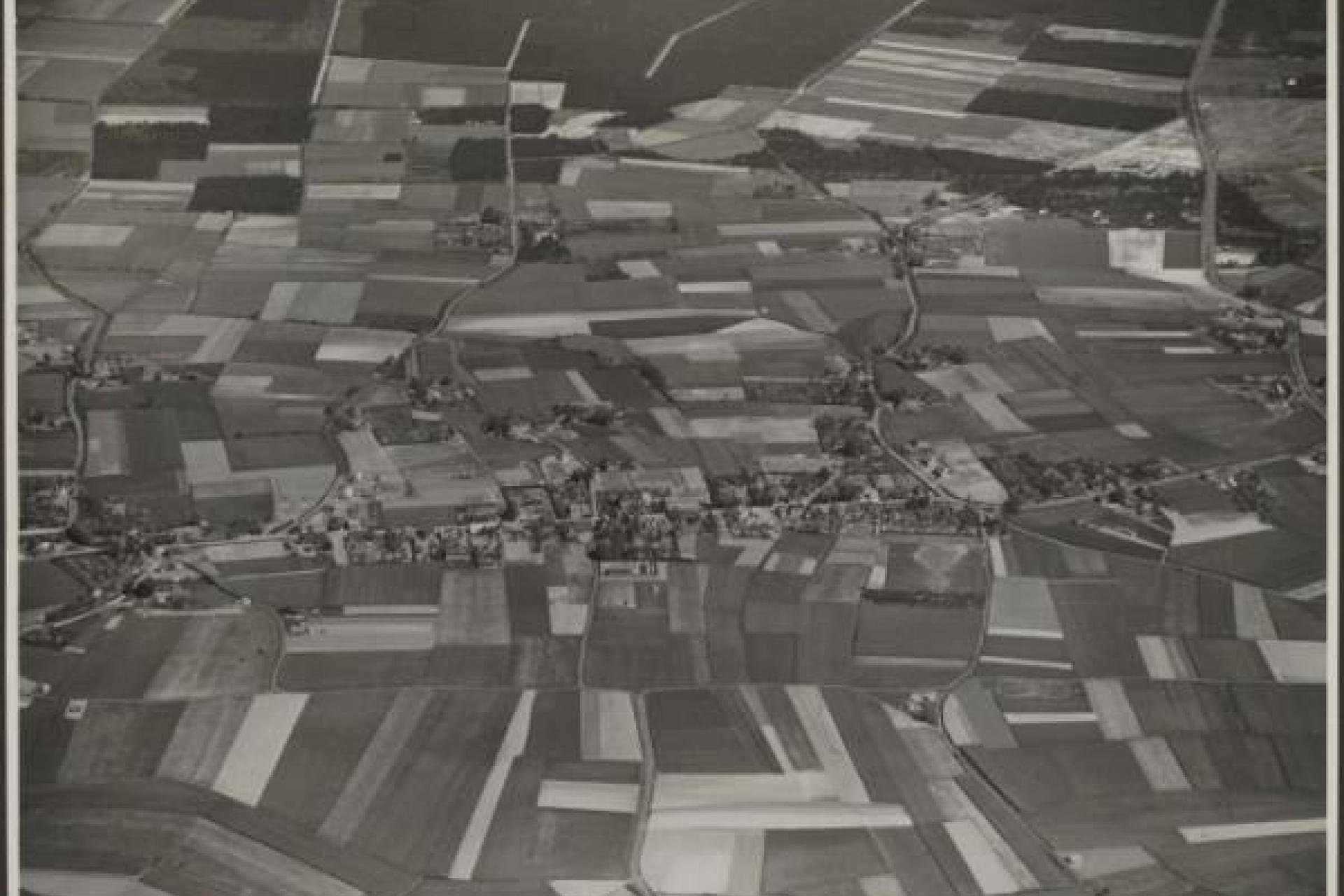 Vergroot afbeelding Luchtfoto met daarop huizen en weilanden